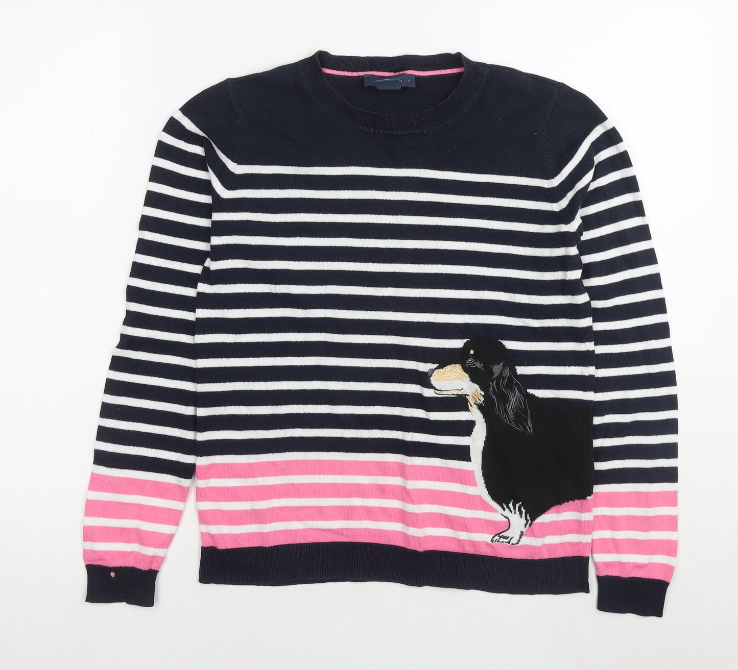 Oasis Womens Blue Round Neck Striped Cotton Pullover Jumper Size S - Dog
