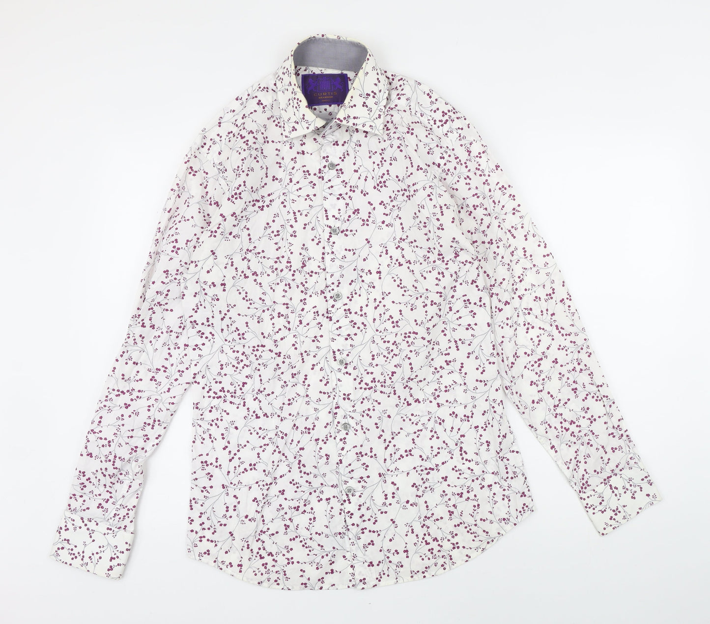 Curtis Brandon Mens White Floral Cotton Blend Button-Up Size S Collared Button