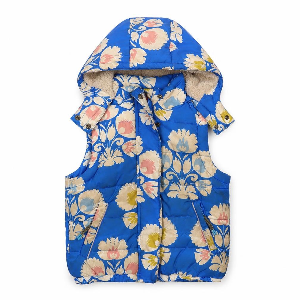 Front view of Boen girls’ blue floral gilet waistcoat, size 2-3, years zip