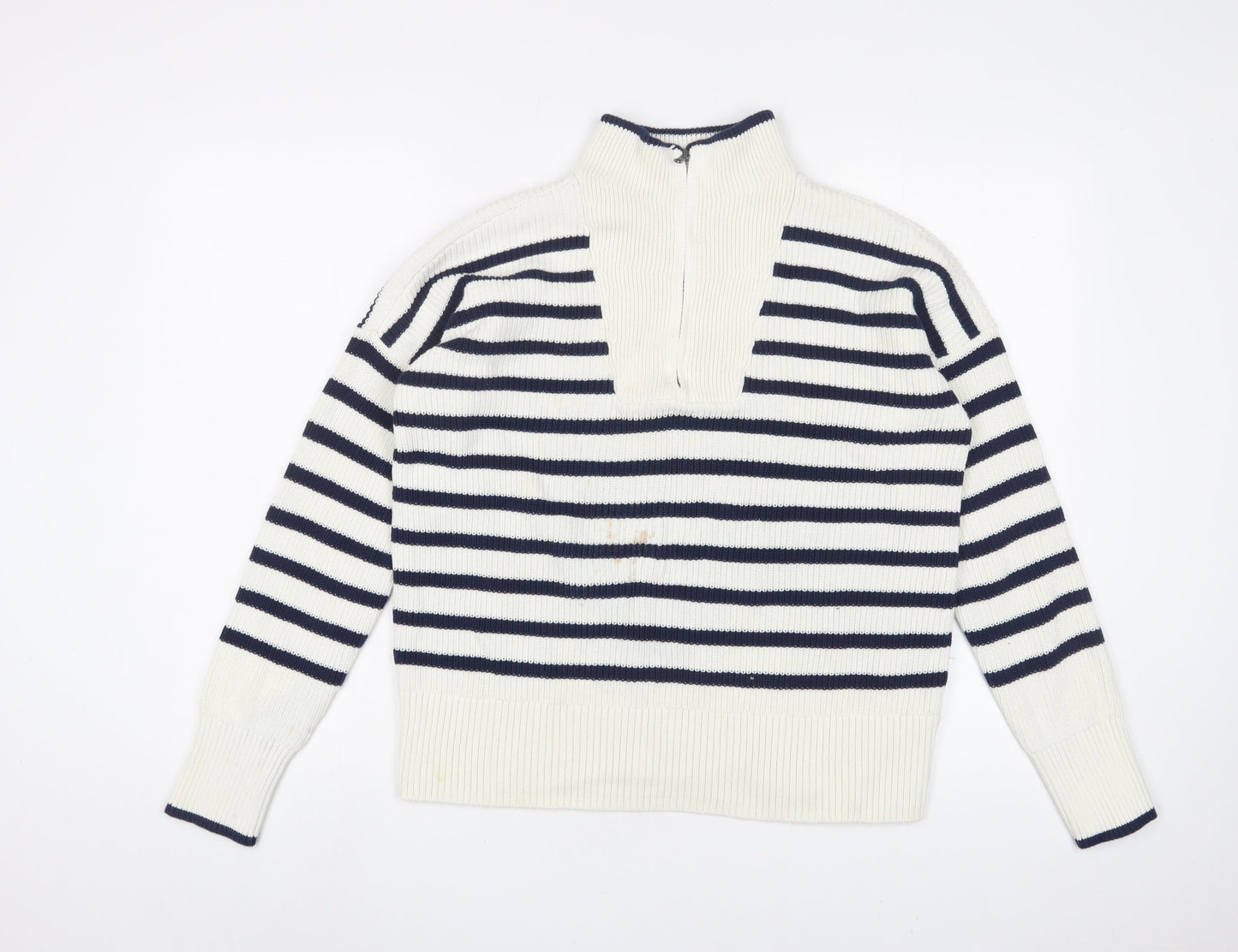 Landsend Womens White Striped Cotton Pullover Sweatshirt Size S Zip