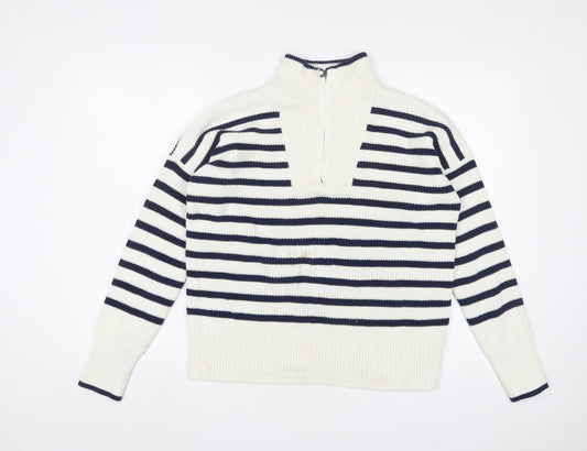 Landsend Womens White Striped Cotton Pullover Sweatshirt Size S Zip