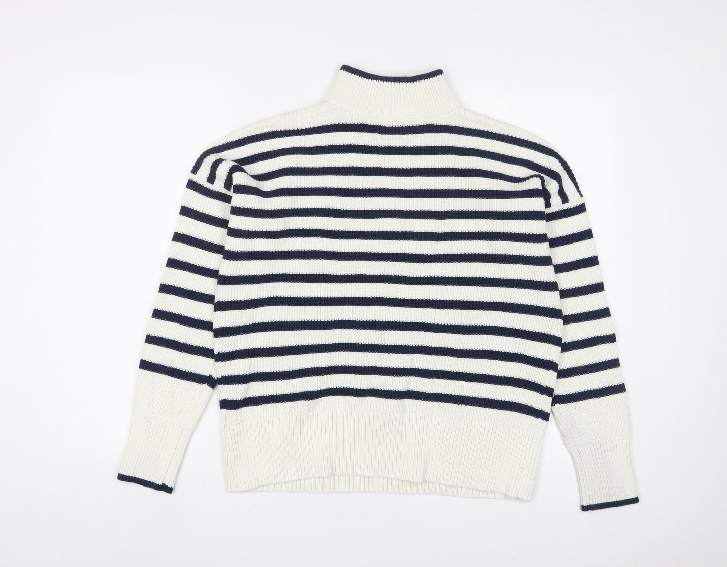 Landsend Womens White Striped Cotton Pullover Sweatshirt Size S Zip