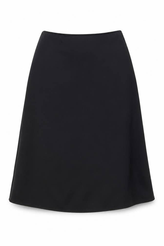 Front view of ASOS women’s black polyester a-line skirt, size UK 12