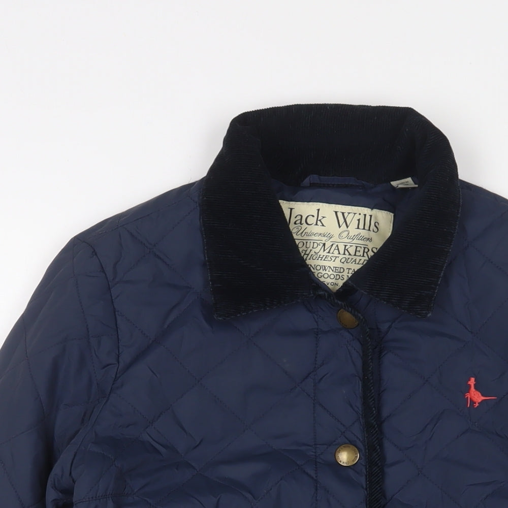 Jack Wills Womens Blue Quilted Jacket Size 10 Snap - Logo, Embroidered