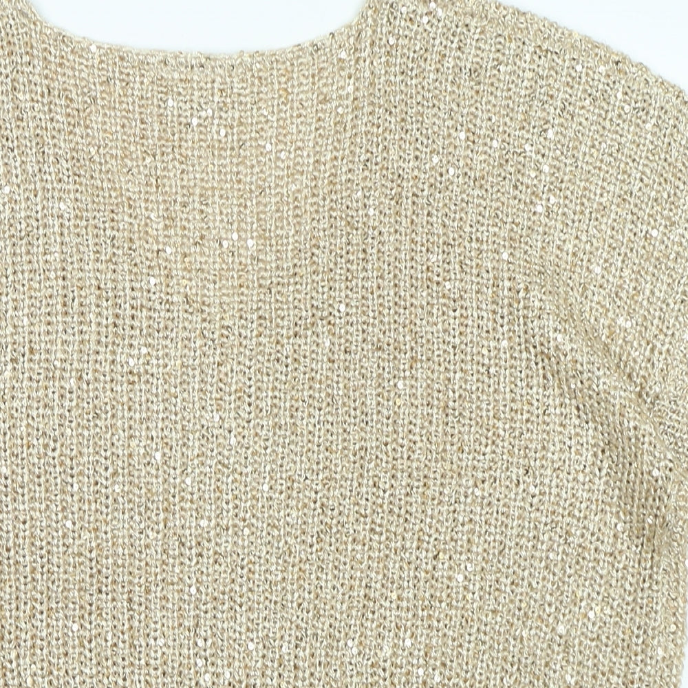 Wallis Womens Gold V-Neck Polyester Pullover Jumper Size M - Sequins