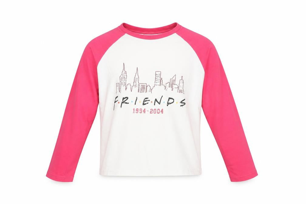 Front view of Friends girls’ white colourblock cotton pullover t-shirt, size 14-15, years crew neck pullover - logo