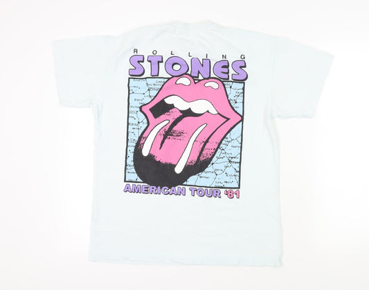 Pull&Bear Womens Blue Cotton Basic T-Shirt Size S Crew Neck - Rolling Stones American Tour '81