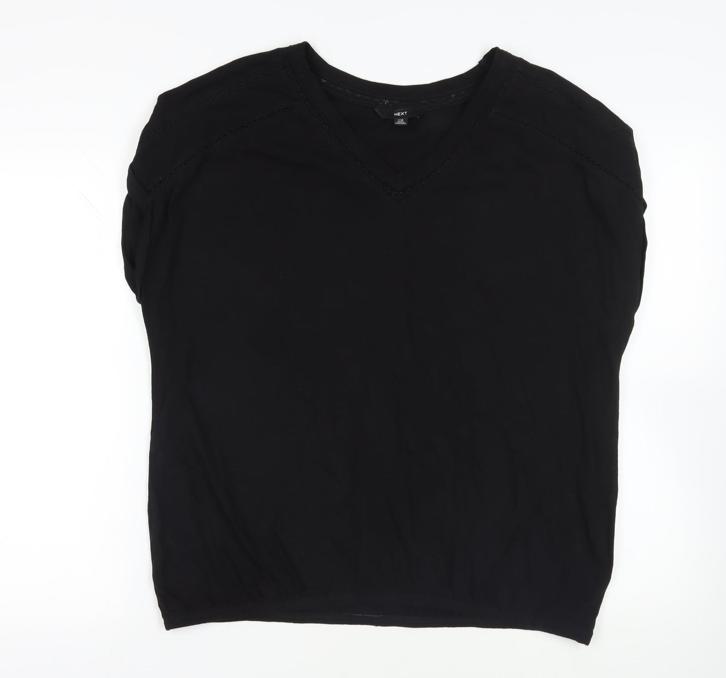 NEXT Womens Black Cotton Basic T-Shirt Size 20 V-Neck - Lace Detail