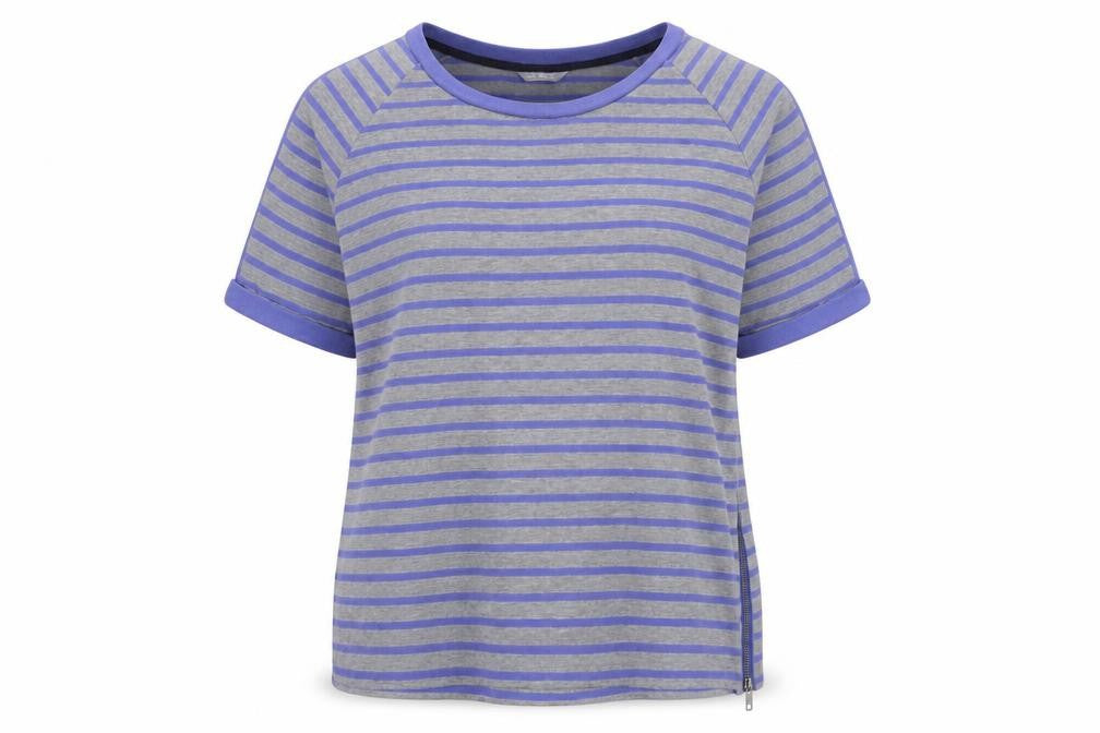 Marks and Spencer Womens Blue Striped Cotton Basic T-Shirt Size 14 Boat Neck - Zip Detail