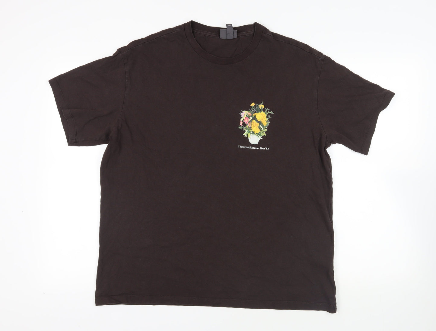H&M Mens Brown Cotton T-Shirt Size L Crew Neck - Floral Detail