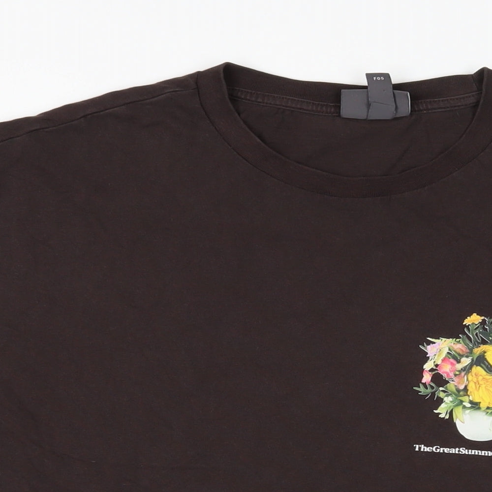 H&M Mens Brown Cotton T-Shirt Size L Crew Neck - Floral Detail