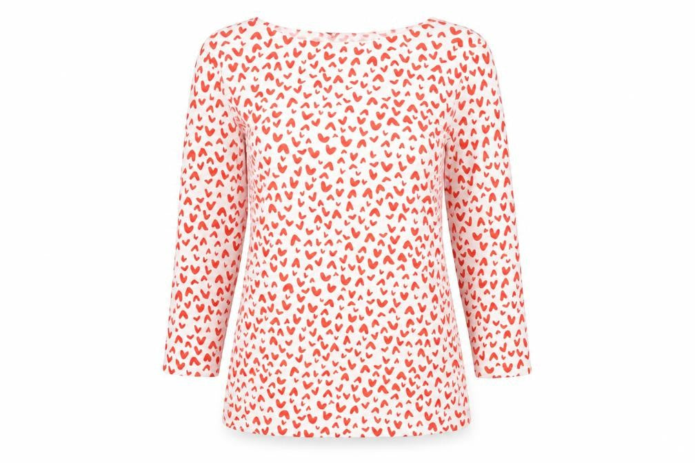 Marks and Spencer Womens Red Geometric Cotton Basic T-Shirt Size 8 Boat Neck - Heart Pattern