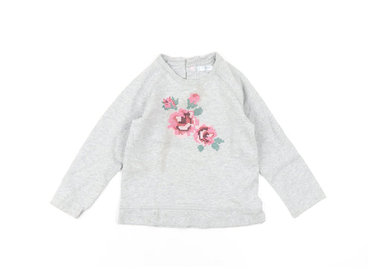 Baby Boden Girls Grey Cotton Pullover Sweatshirt Size 2-3 Years Snap - Flower Embroidery
