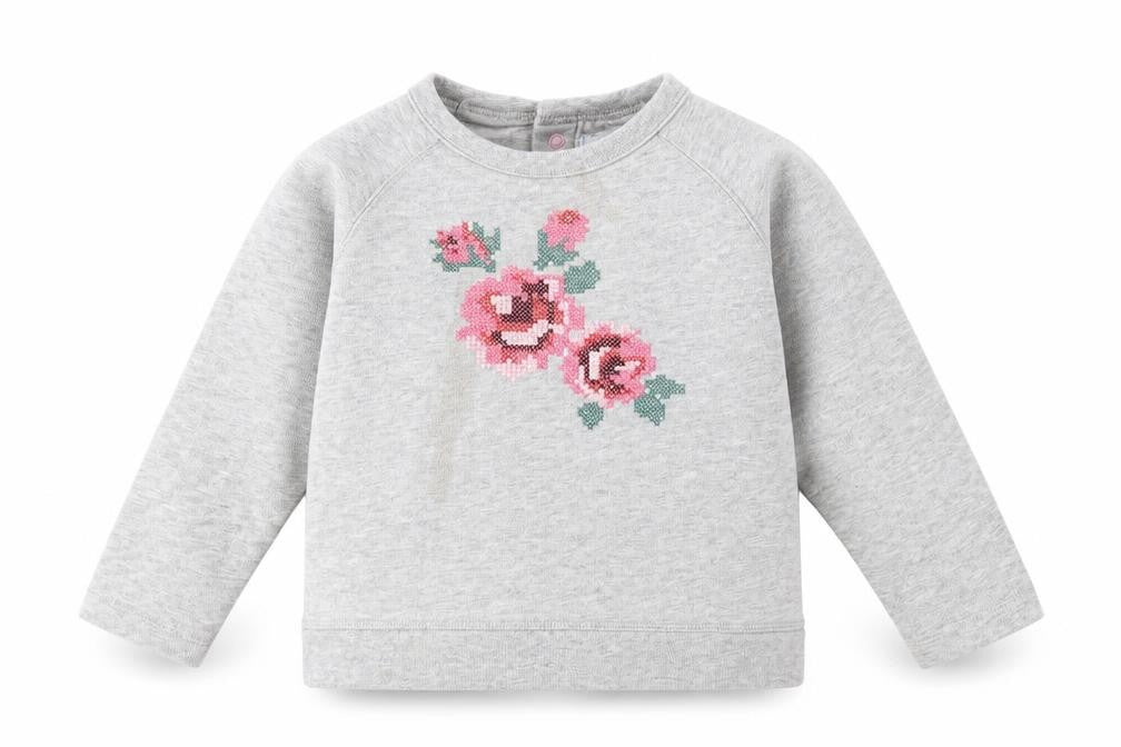 Baby Boden Girls Grey Cotton Pullover Sweatshirt Size 2-3 Years Snap - Flower Embroidery