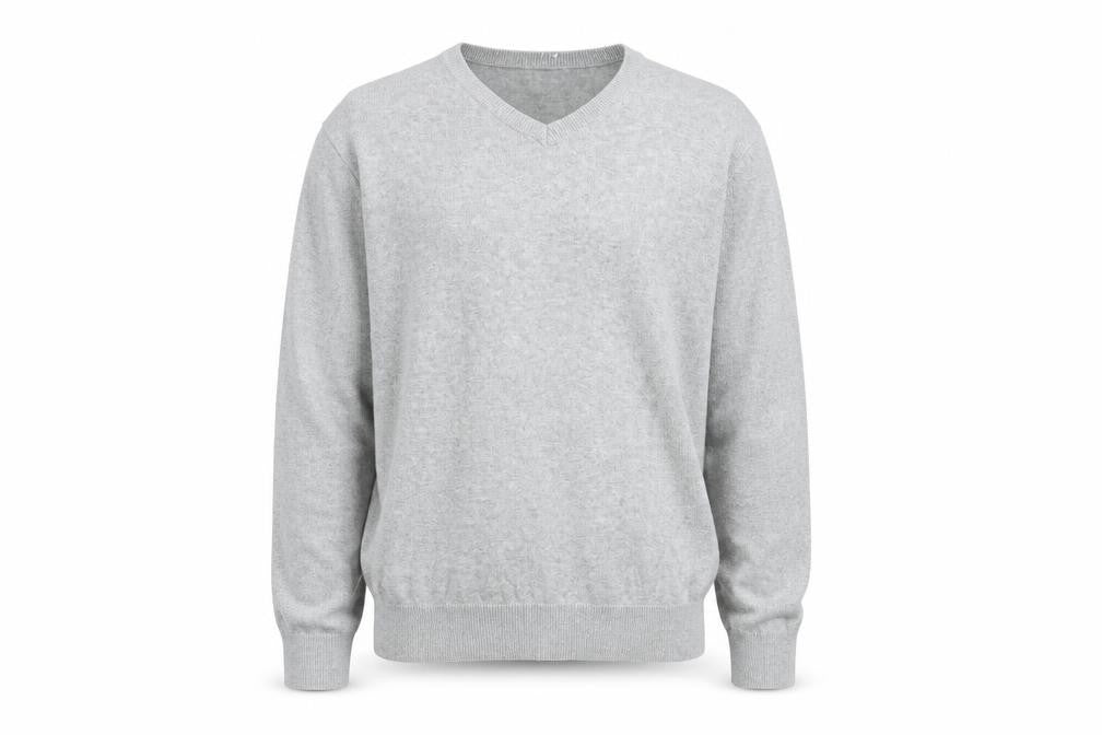 Front view of Easy men’s grey v-neck cotton jumper, size M, long sleeve