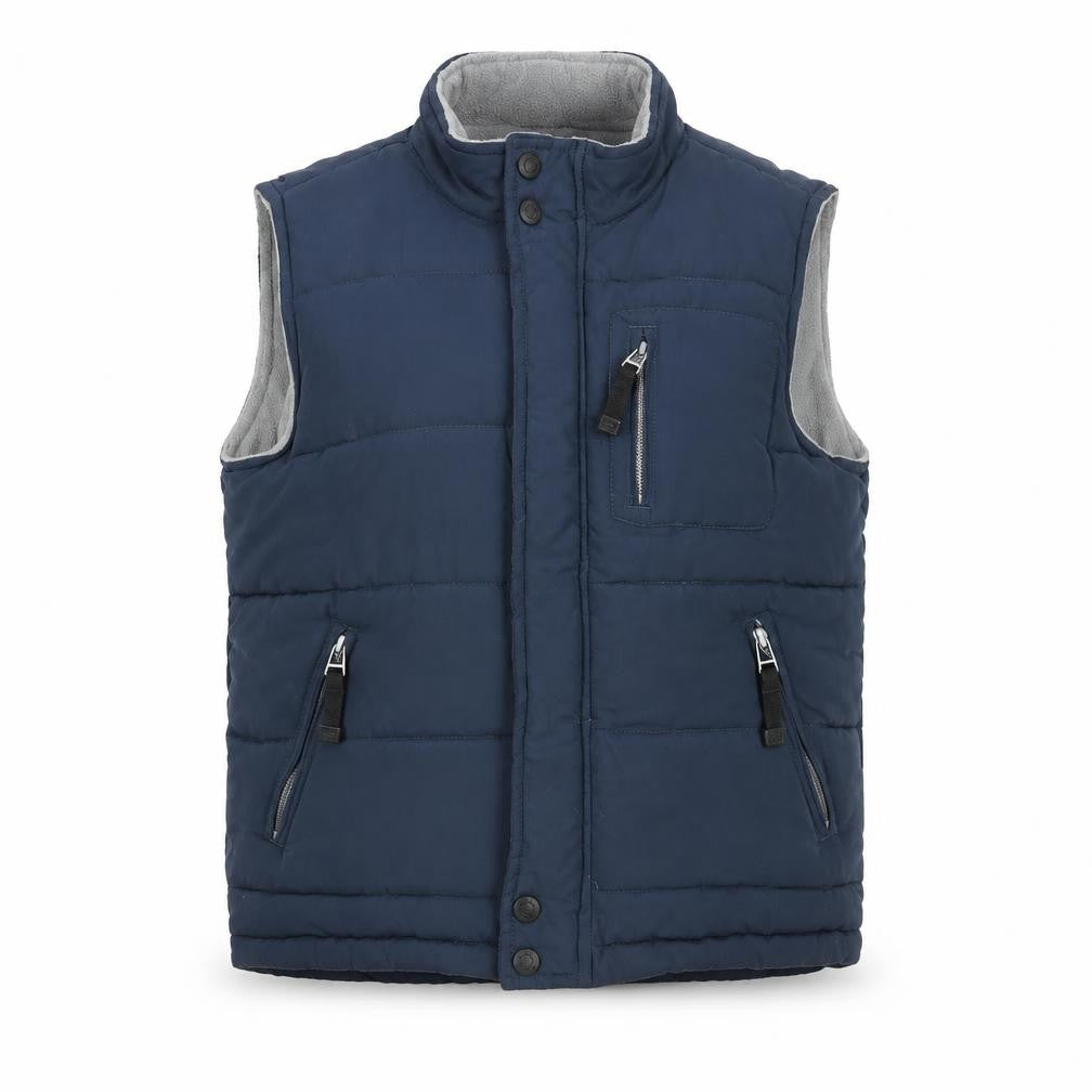 Front view of St Bernard boys’ blue gilet coat, size 9, years zip