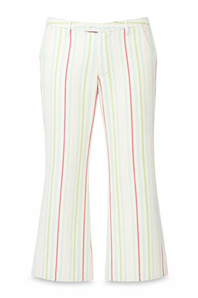 Front view of Vackray women’s ivory striped cotton trousers, size UK 33, in, 31-inch leg regular zip