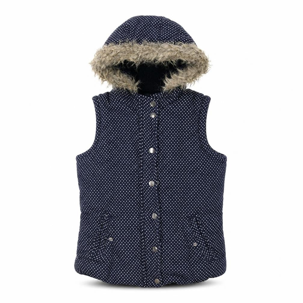 Front view of By Henry Holland women’s blue polka dot gilet coat, size UK 10, zip - faux fur hood