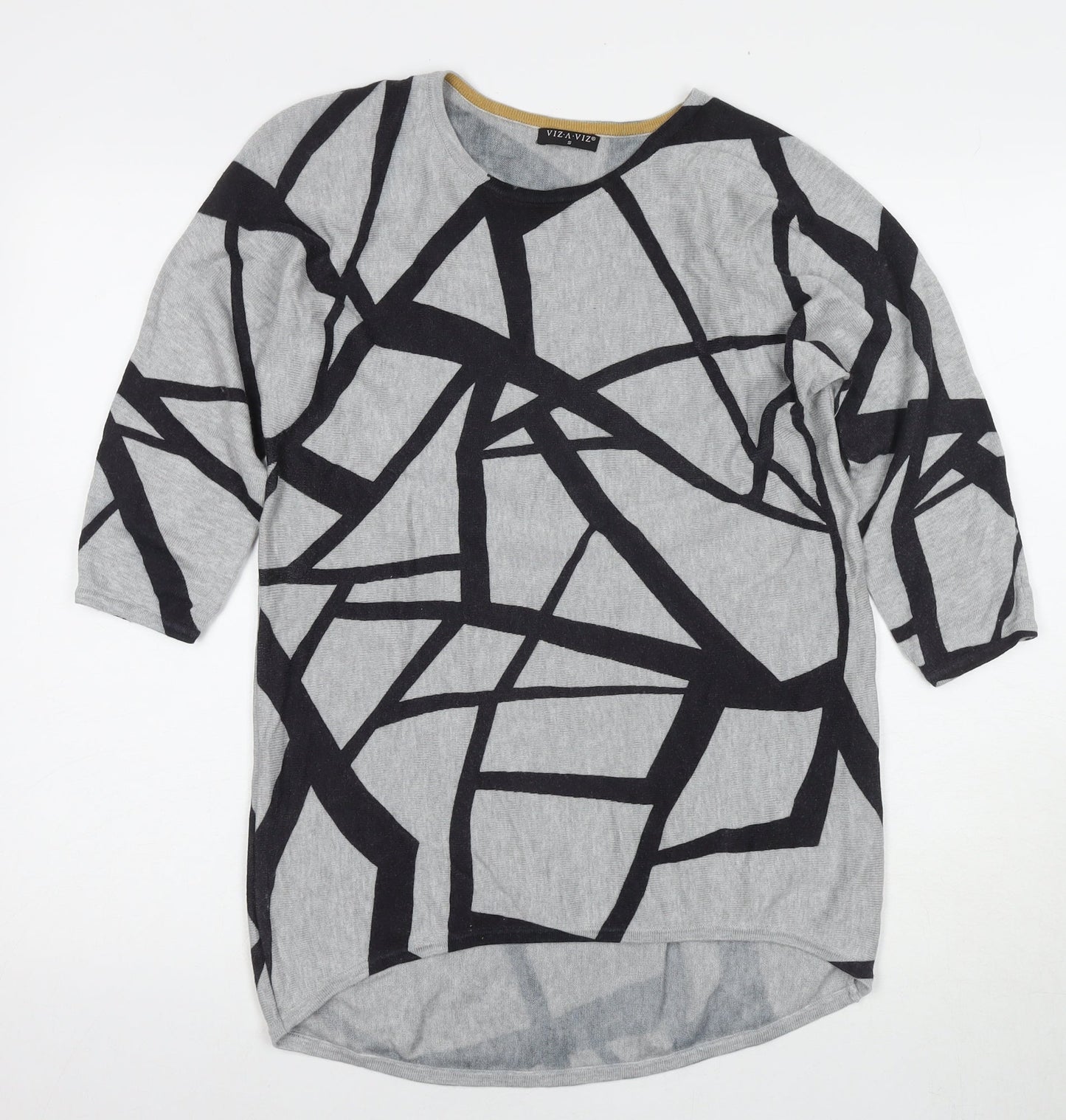 Viz-a-Viz Womens Grey Round Neck Geometric Viscose Pullover Jumper Size S