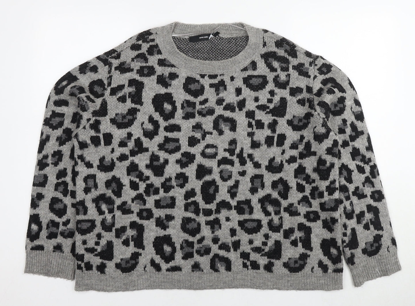 VERO MODA Womens Grey Round Neck Animal Print Acrylic Pullover Jumper Size XL - Leopard Print