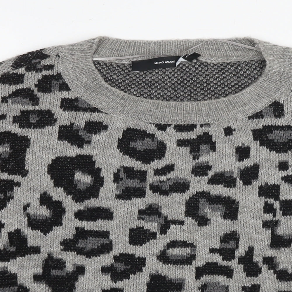 VERO MODA Womens Grey Round Neck Animal Print Acrylic Pullover Jumper Size XL - Leopard Print