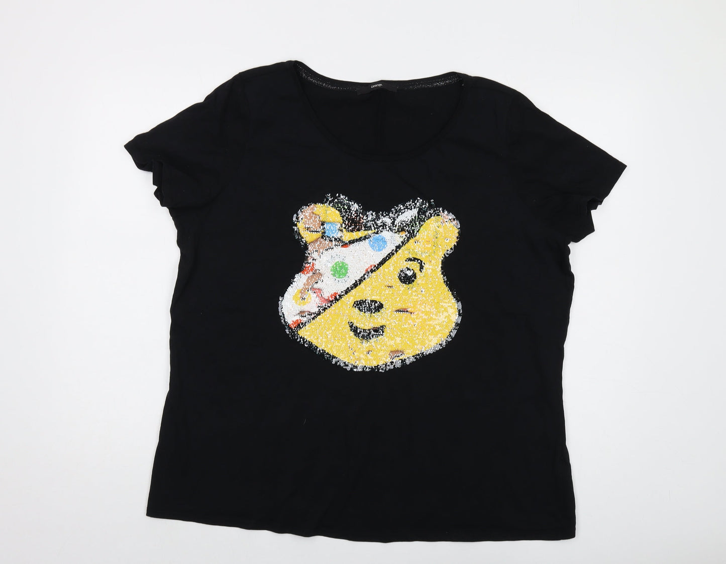 Pudsey Womens Black Cotton Basic T-Shirt Size 22 Crew Neck - Sequins