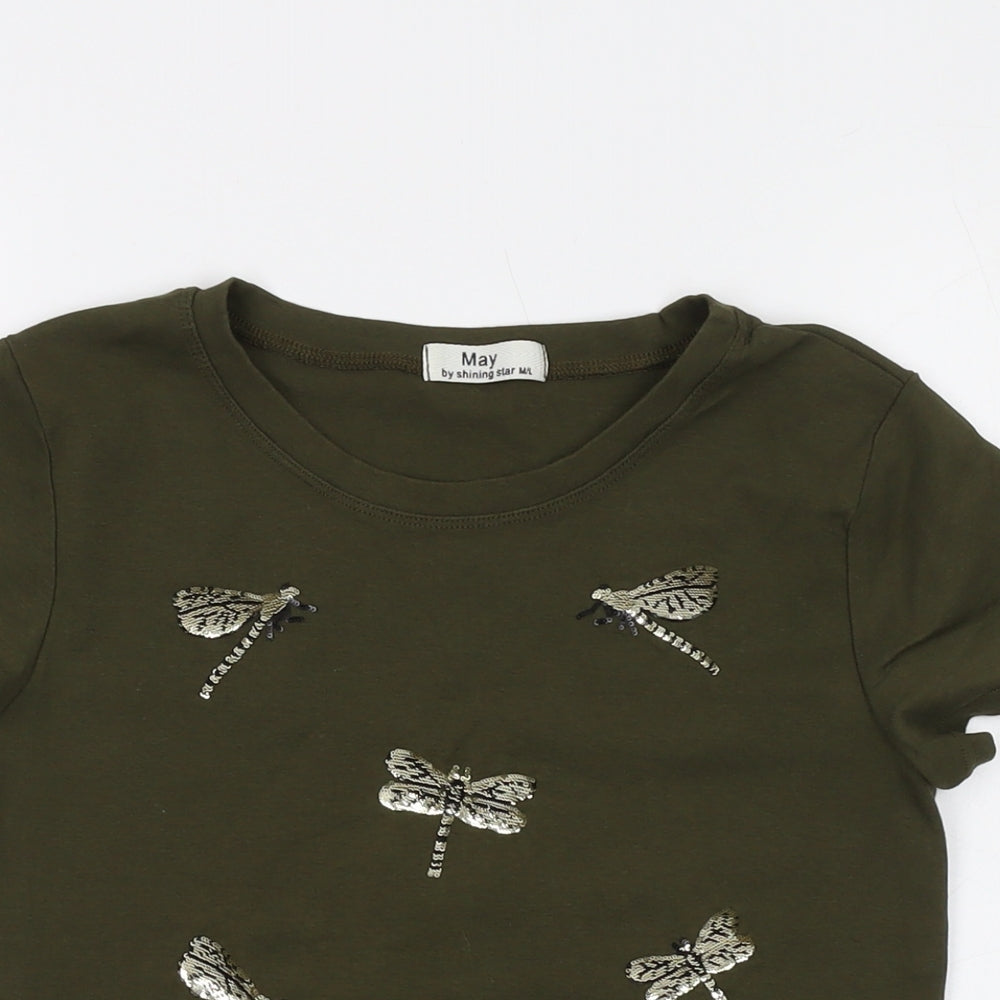 May Womens Green Cotton Basic T-Shirt Size M Crew Neck