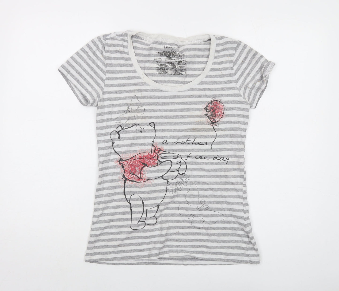 Disney Womens Grey Striped Cotton Basic T-Shirt Size S Round Neck - The Winnie Pooh