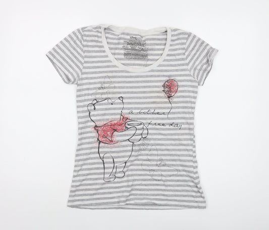 Disney Womens Grey Striped Cotton Basic T-Shirt Size S Round Neck - The Winnie Pooh