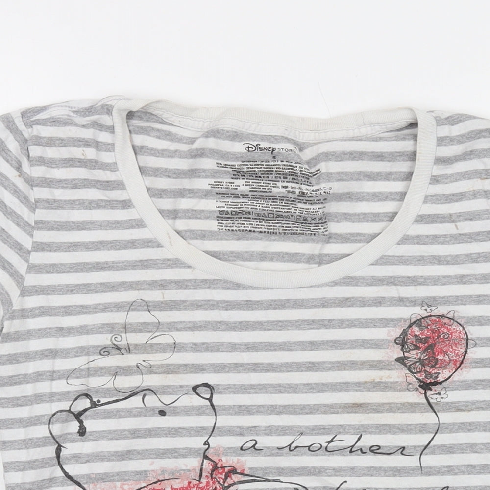 Disney Womens Grey Striped Cotton Basic T-Shirt Size S Round Neck - The Winnie Pooh