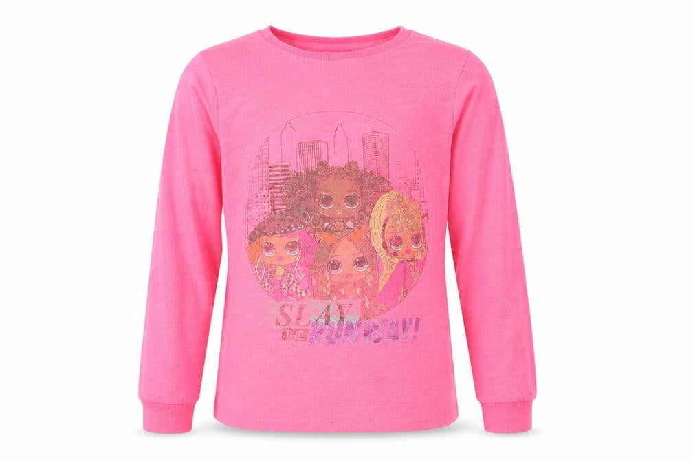Front view of OMG girls’ pink polycotton basic t-shirt, size 7-8, years round neck pullover - slay the runway! lol