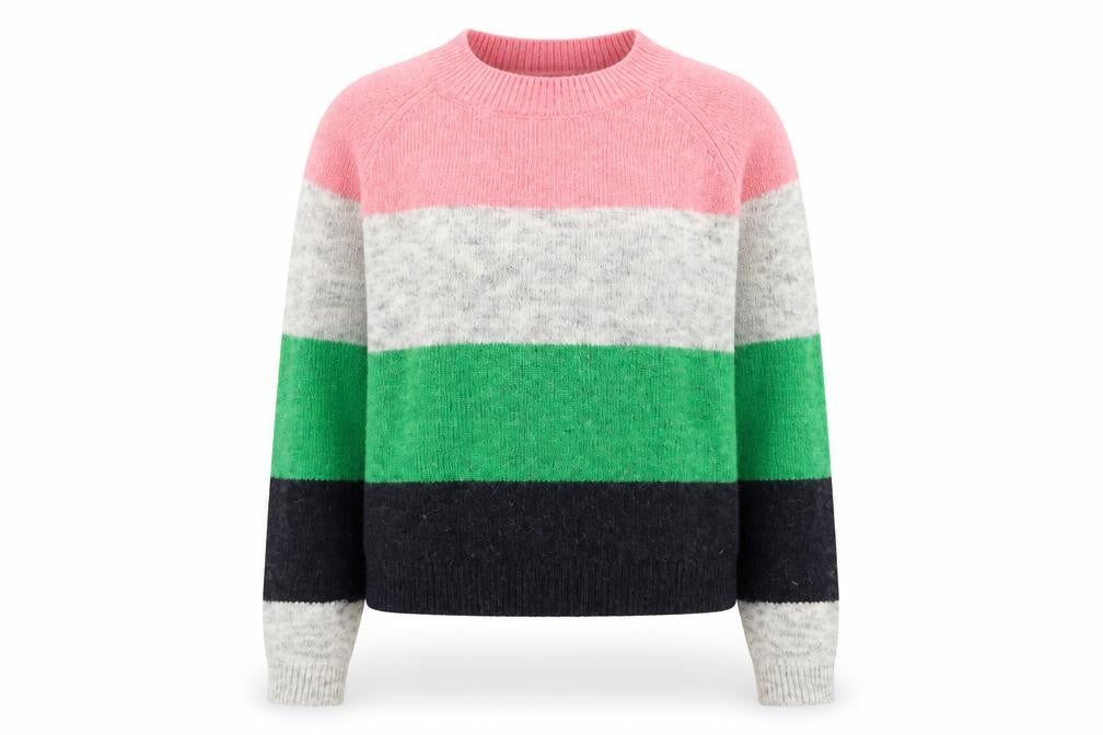 Front view of Only women’s multicoloured round neck striped polyester jumper, size XS