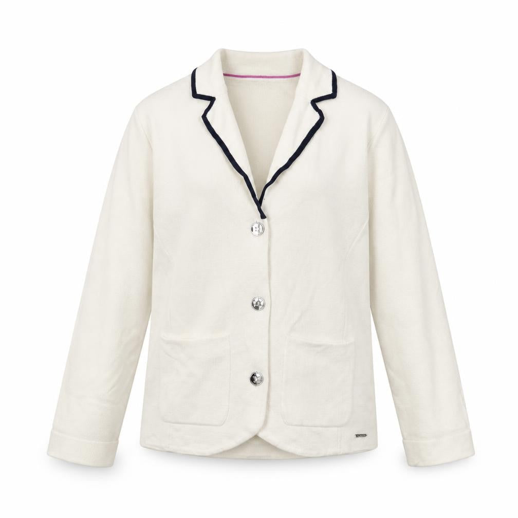 Front view of Autograph girls’ beige v-neck cotton cardigan jumper, size 9-10, years button
