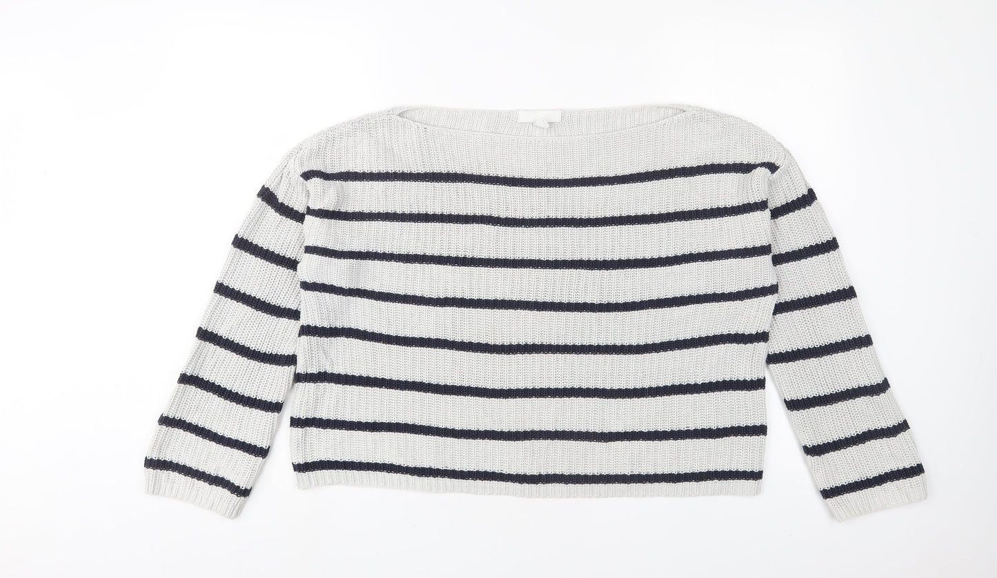 H&M Womens Grey Boat Neck Striped Cotton Pullover Jumper Size M