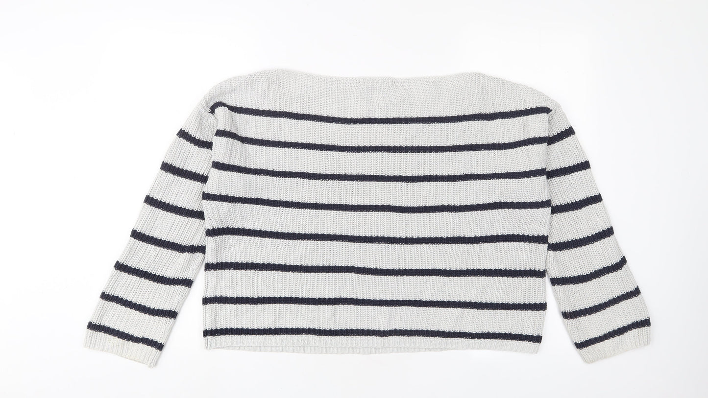 H&M Womens Grey Boat Neck Striped Cotton Pullover Jumper Size M