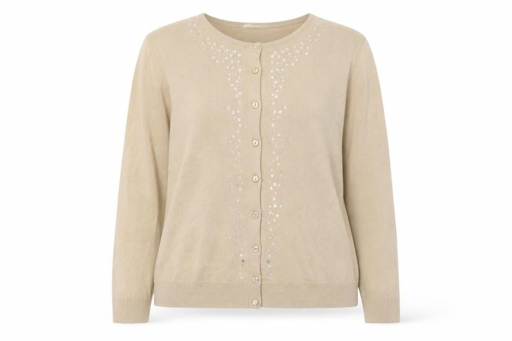 Marks and Spencer Womens Beige Crew Neck Acrylic Cardigan Jumper Size 18 - Embroidered, Sequins