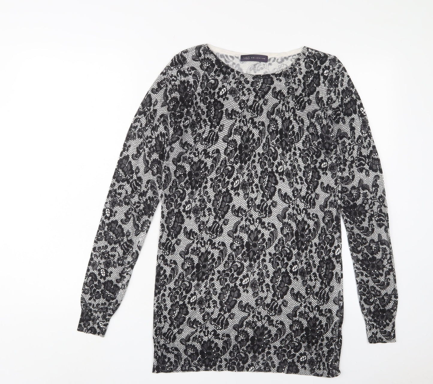 Marks and Spencer Womens Black Crew Neck Fair Isle Viscose Tunic Jumper Size 10