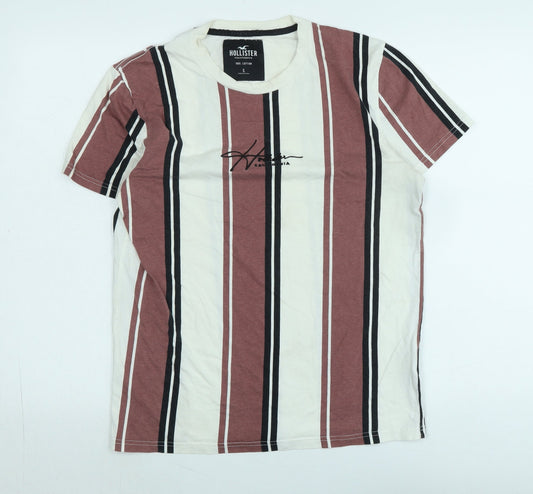 Hollister Mens Multicoloured Striped Cotton T-Shirt Size S Crew Neck - Logo- Hollister Calorfornia
