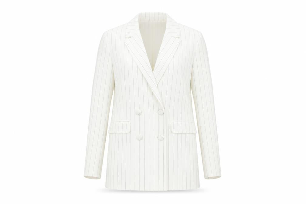 Front view of ICHI women’s white striped jacket blazer, size UK 10, button