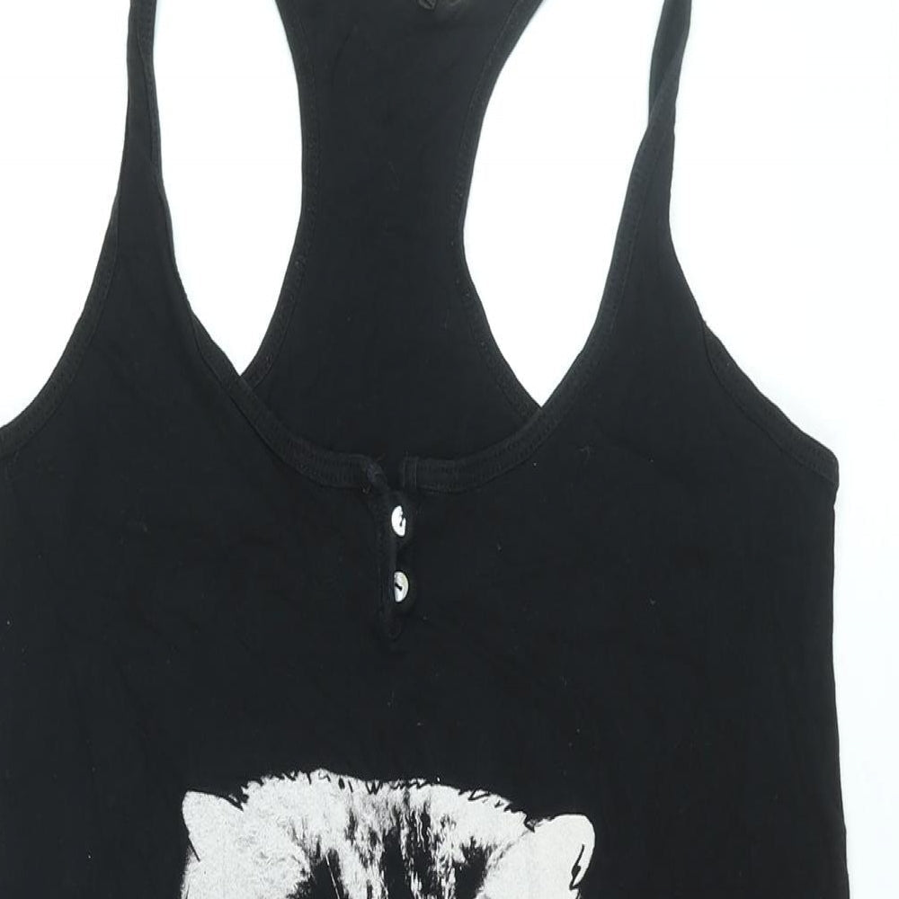 Funky Fish Womens Black Cotton Basic Tank Size L Scoop Neck - Cat Print