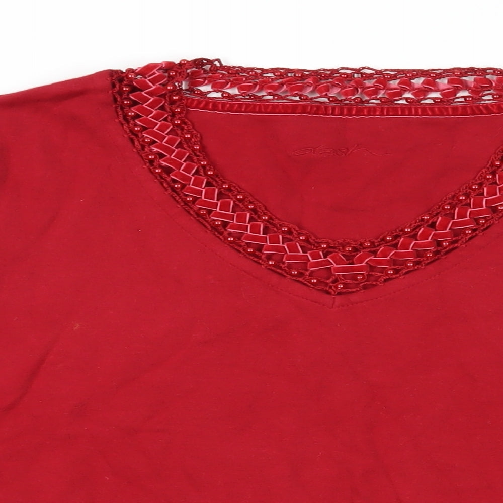 DASH Womens Red Cotton Basic Blouse Size 12 V-Neck - Beaded Neckline