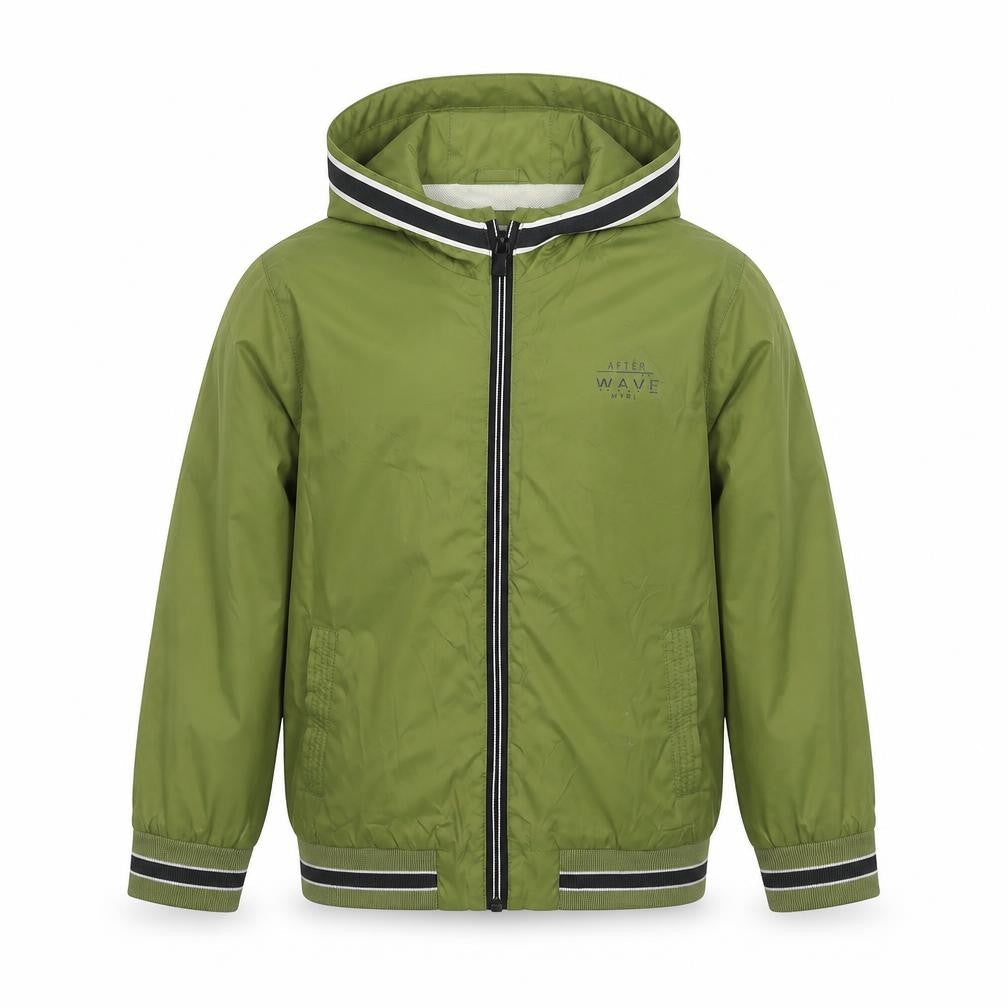 Front view of Mayoral boys’ green jacket, size 8, years zip