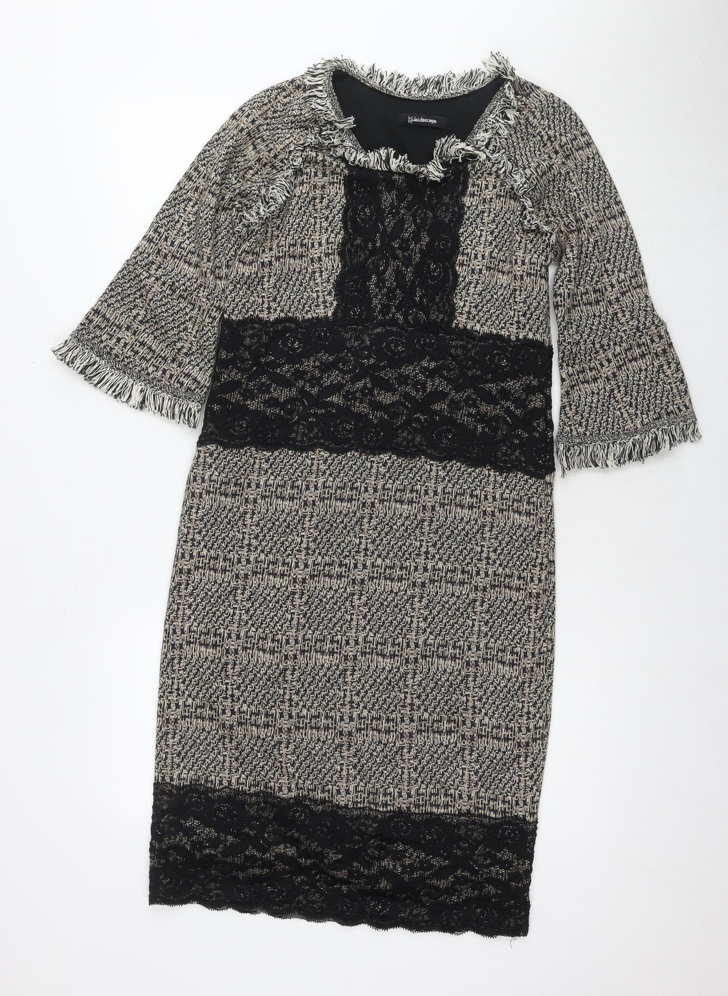 Kaleidoscope Womens Beige Geometric Acrylic Pencil Dress Size 10 Round Neck Zip