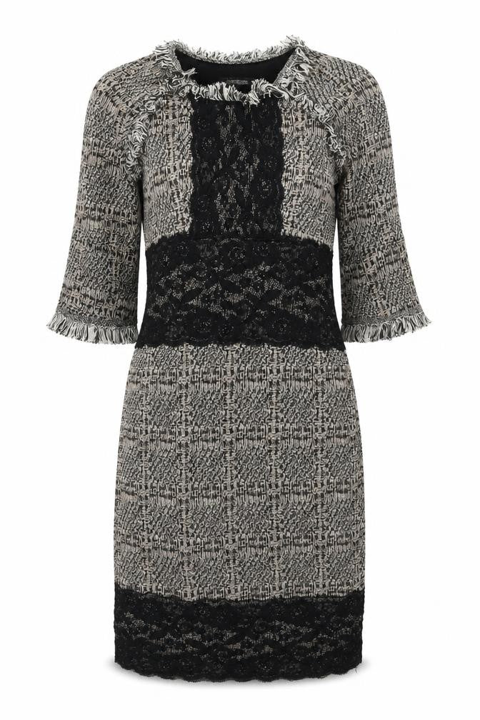 Front view of Kaleidoscope women’s beige geometric acrylic pencil dress, size UK 10, round neck zip