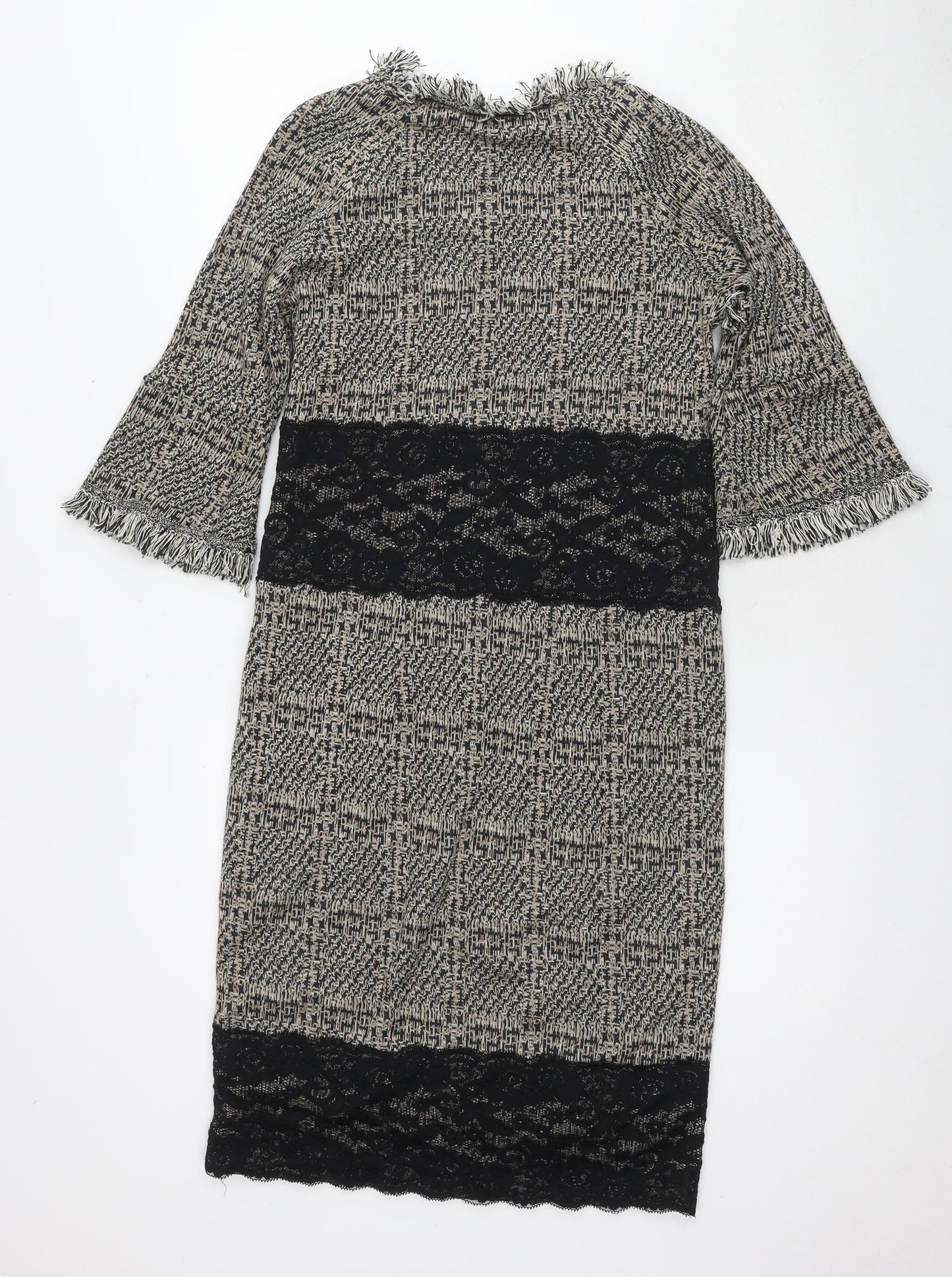 Kaleidoscope Womens Beige Geometric Acrylic Pencil Dress Size 10 Round Neck Zip