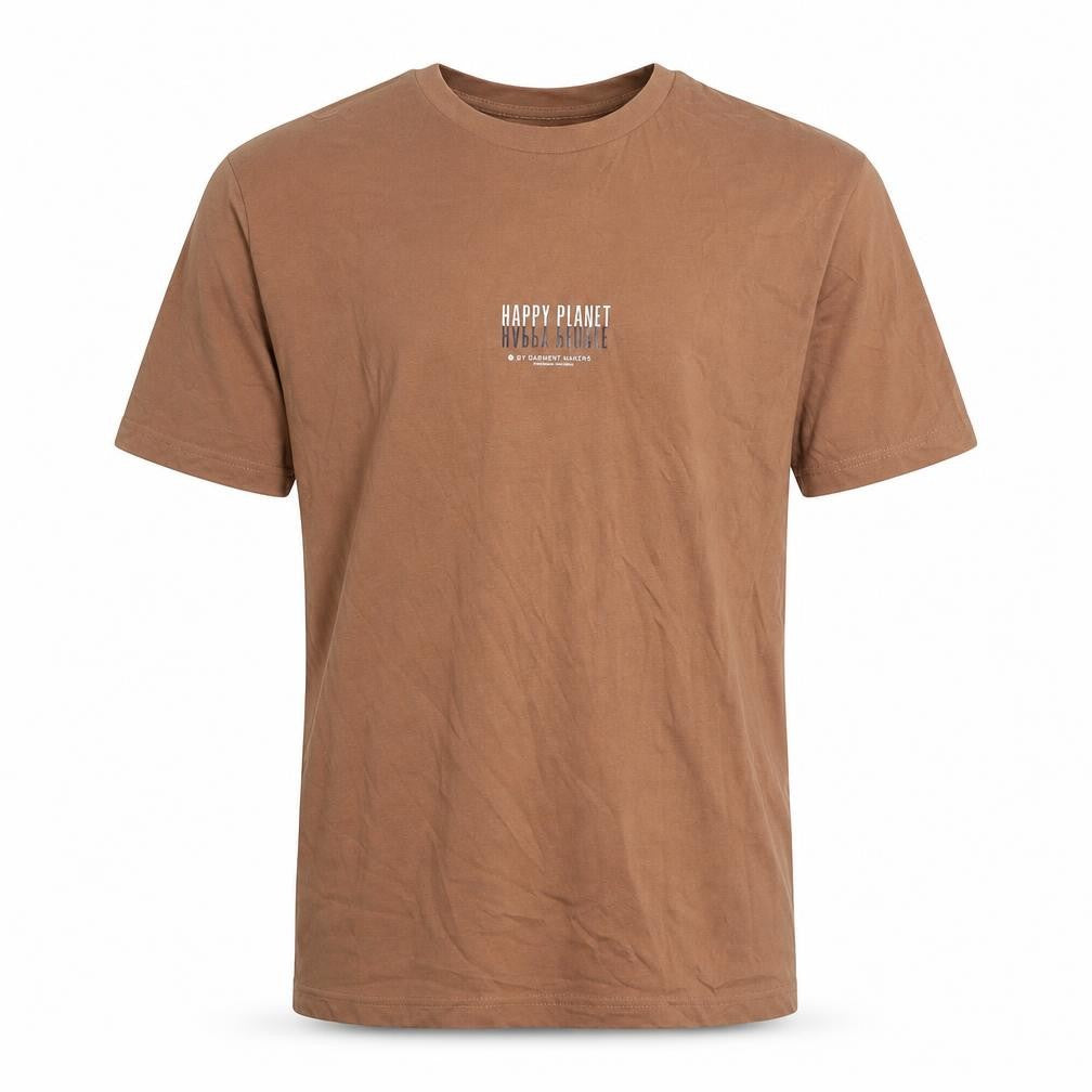 Garment Makers Mens Brown Cotton T-Shirt Size XL Round Neck - Happy Planet