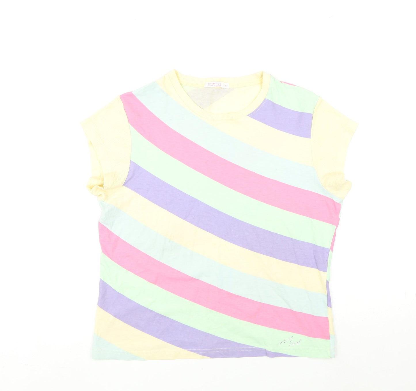 Butterfly Womens Multicoloured Striped Cotton Basic T-Shirt Size 14 Round Neck