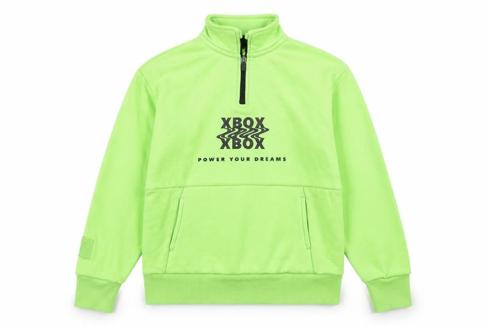Front view of Xbox boys’ green cotton pullover sweatshirt, size 9-10, years zip