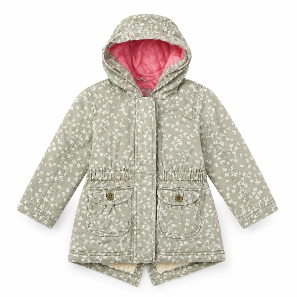 Front view of Mothercare girls’ green geometric basic coat coat, size 12-18, months zip - butterflies
