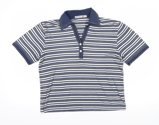Poppy Womens Blue Striped Cotton Blend Basic Polo Size 12 Collared